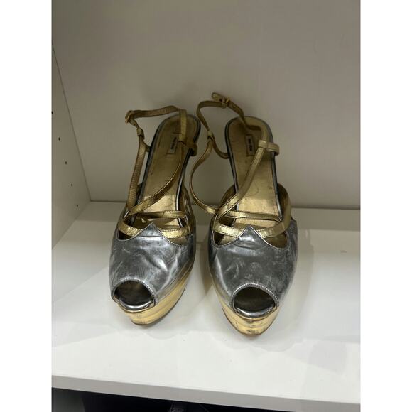 Miu Miu Silver and Gold Leather Platform Heels - Size 39 - Picture 2 of 5